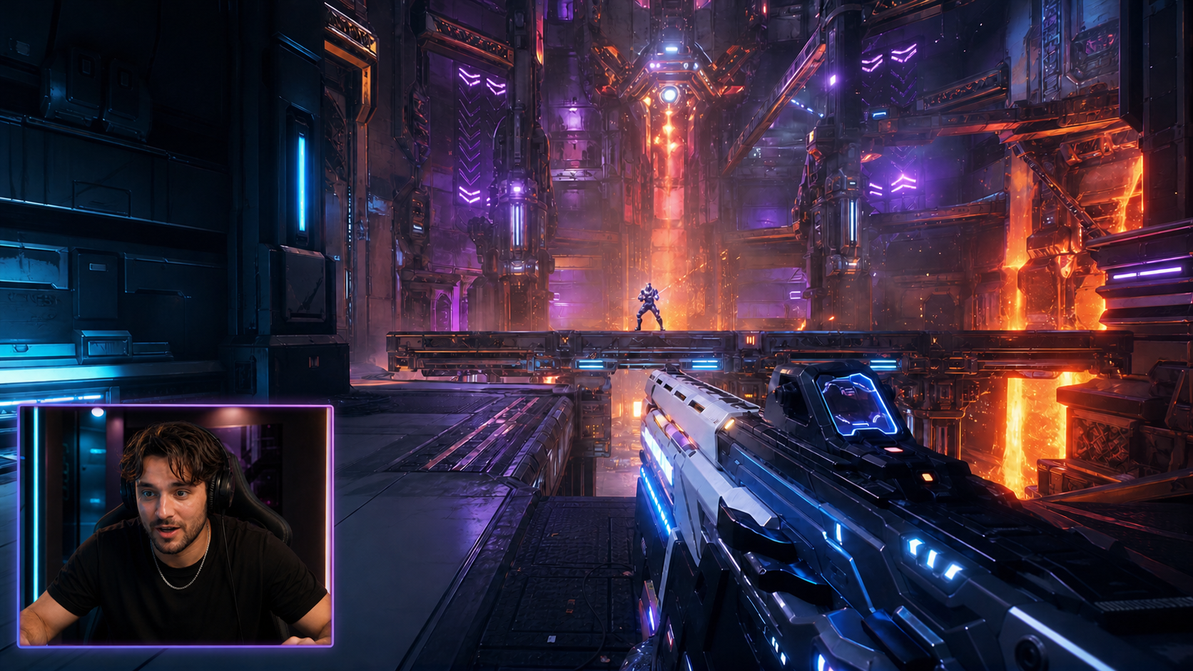 Cinematic sci-fi gameplay with the creator in a webcam overlay